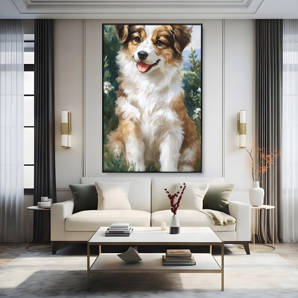 Tablou canvas cu tablou canvas cu catel prietenos in gradina, in rama de aluminiu negru, pe perete intr-un living